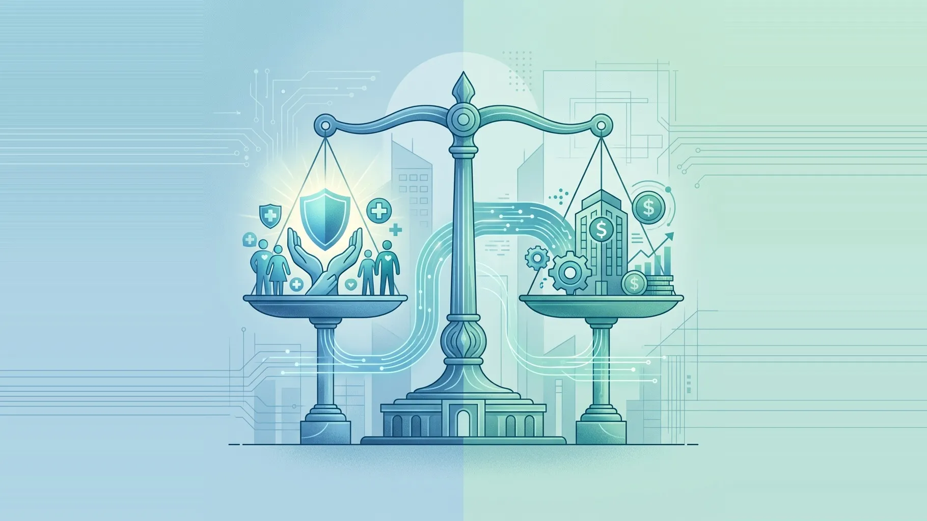 Ilustración de una balanza con la protección de la salud de un lado y la sostenibilidad económica del otro